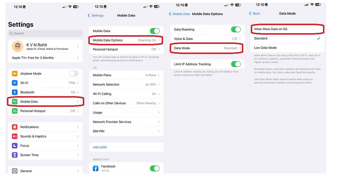 Steps on how to enable 5G data mode on supported iPhone models. Credit: DH Photo/KVN Rohit