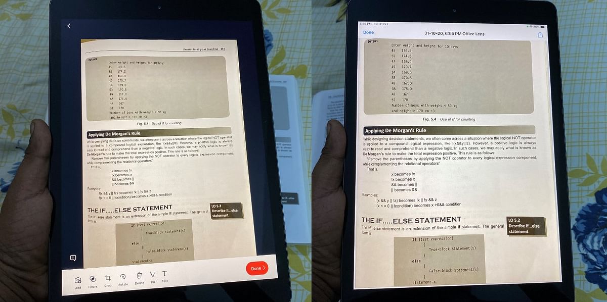 Microsoft Office Lens app used to convert the JPEG image to PDF format on Apple iPad (8th Gen). Credit: DH Photo/KVN Rohit