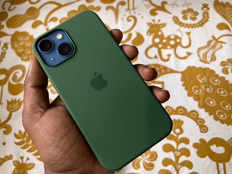 The new iPhone 13 mini with snap-on Apple silicone case. Credit: DH Photo/KVN Rohit