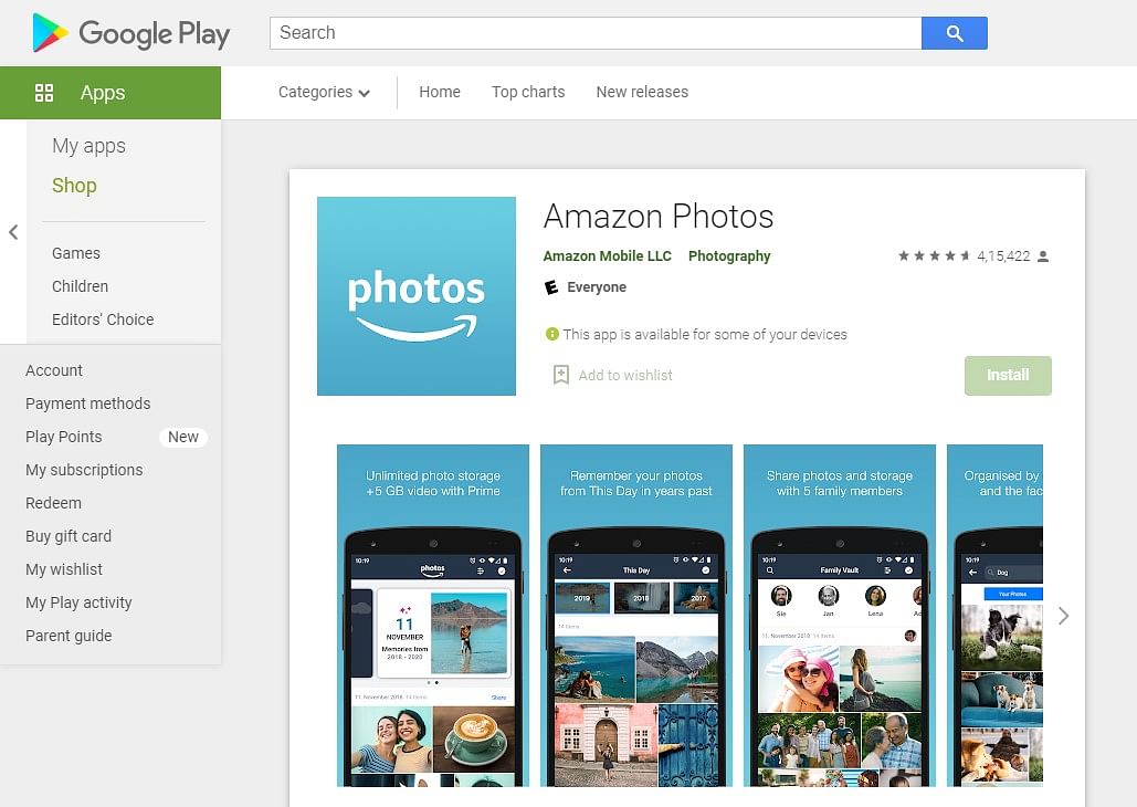 Amazon Photos app on Google Play Store (Screen-shot)