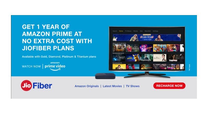 Reliance JioFiber users get a one-year free subscription to Amazon Prime Video. Credit: Reliance JioFiber