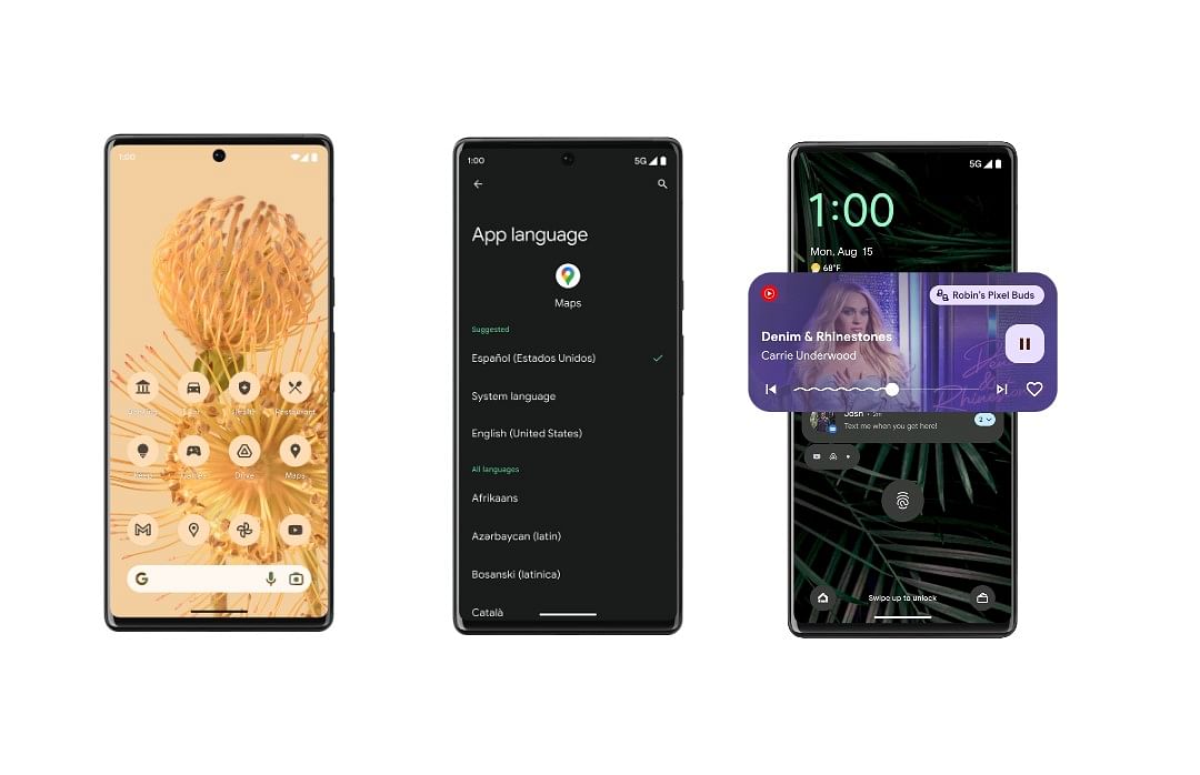 Android 13 brings improved material you interface, multi-language support for apps and custom music album/podcast art for media player. Credit: Google