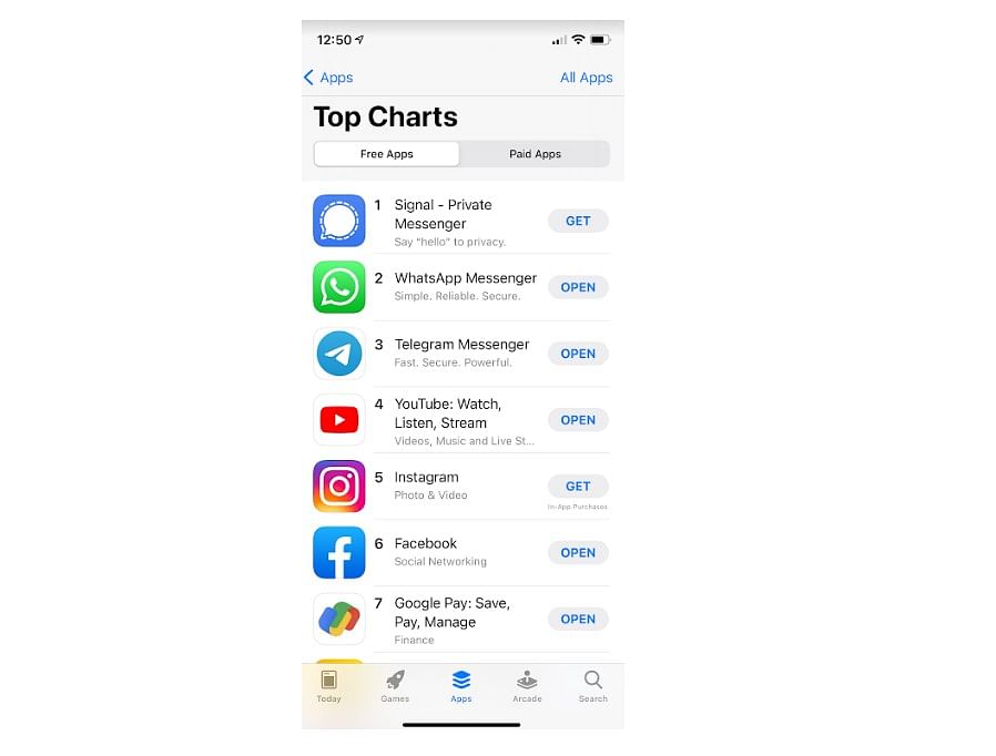 Signal Messenger app dethrones WhatsApp as the top free app on Apple App Store. Credit: DH Photo/KVN Rohit