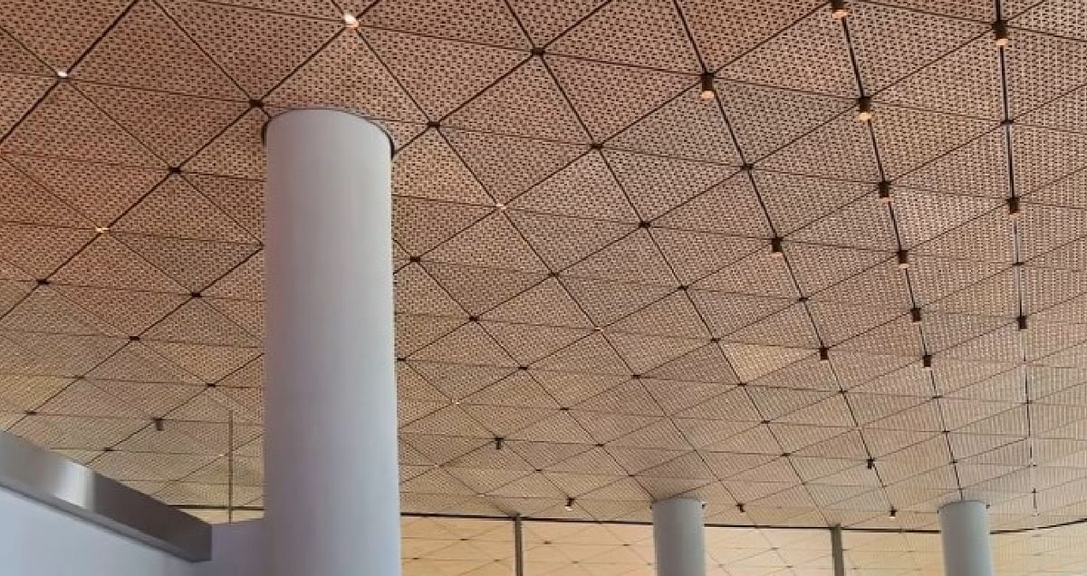 Triangular handcrafted timber ceiling of Apple BKC. Credit: DH Photo/KVN Rohit