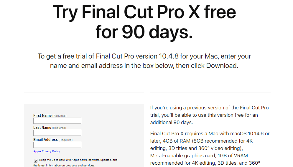 Apple Final Cut Pro X sign-up webpage