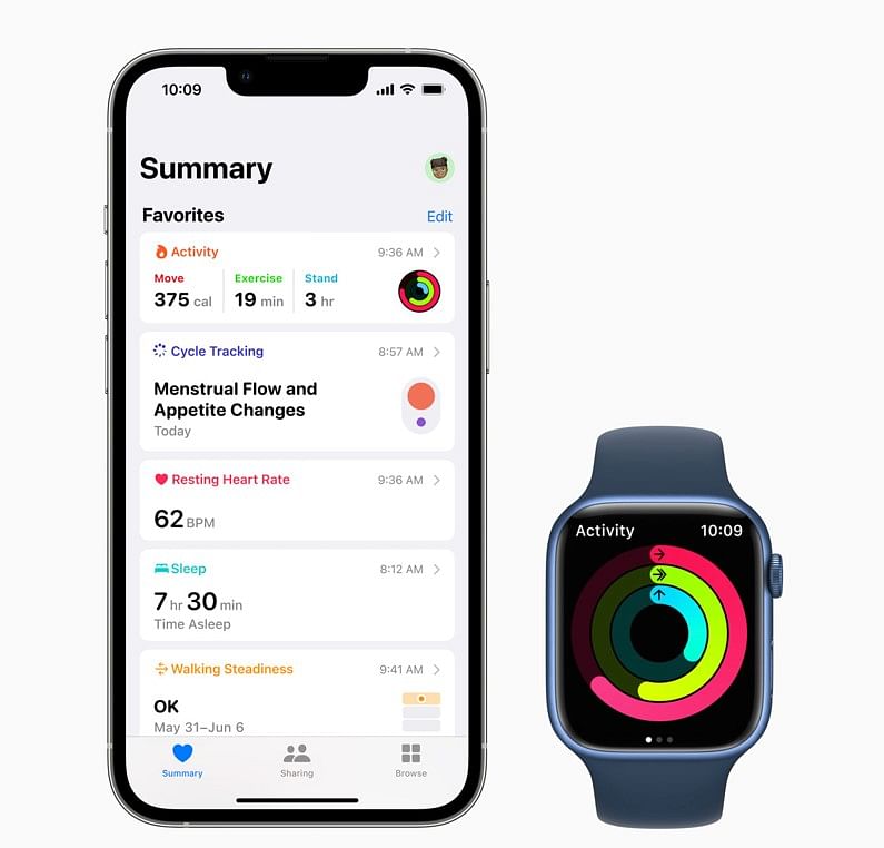 Apple Health app on iPhone and Fitness app on Apple Watch. 