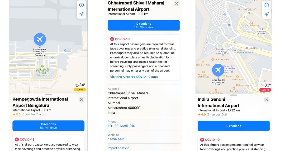 Apple Maps shows Covid-19 guidelines for local airports. Credit: DH Photo/KVN Rohit