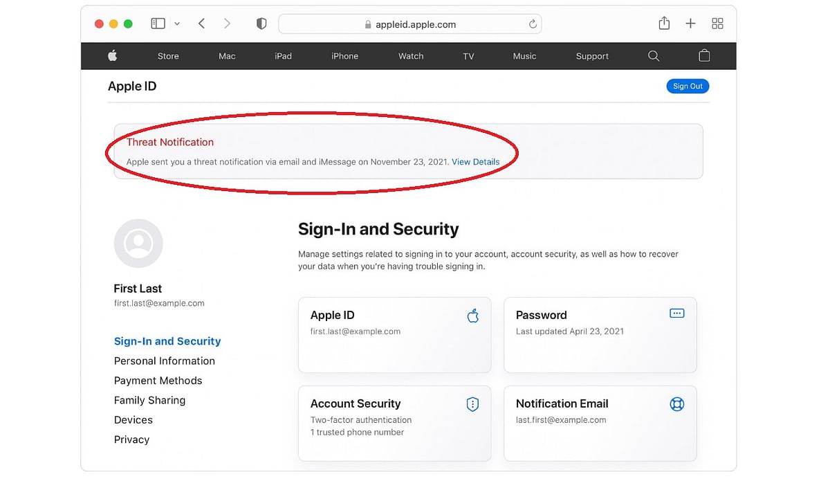 Threat Notification banner on Apple ID website (screen-shot)