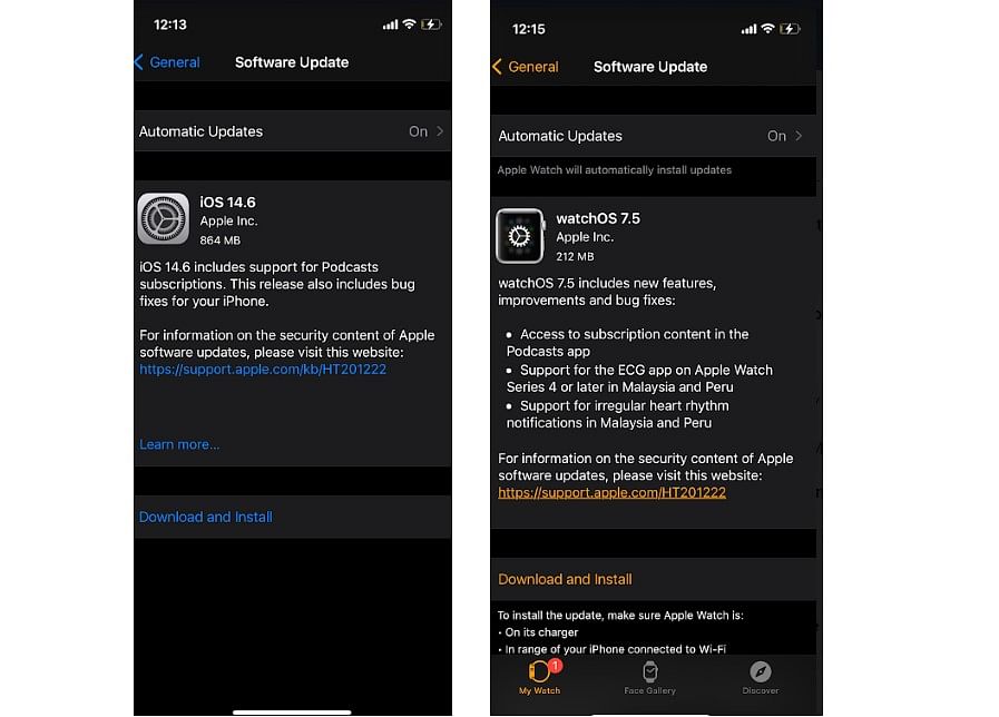 Apple iOS 14.6 and watchOS 7.5 update (screen-shot)