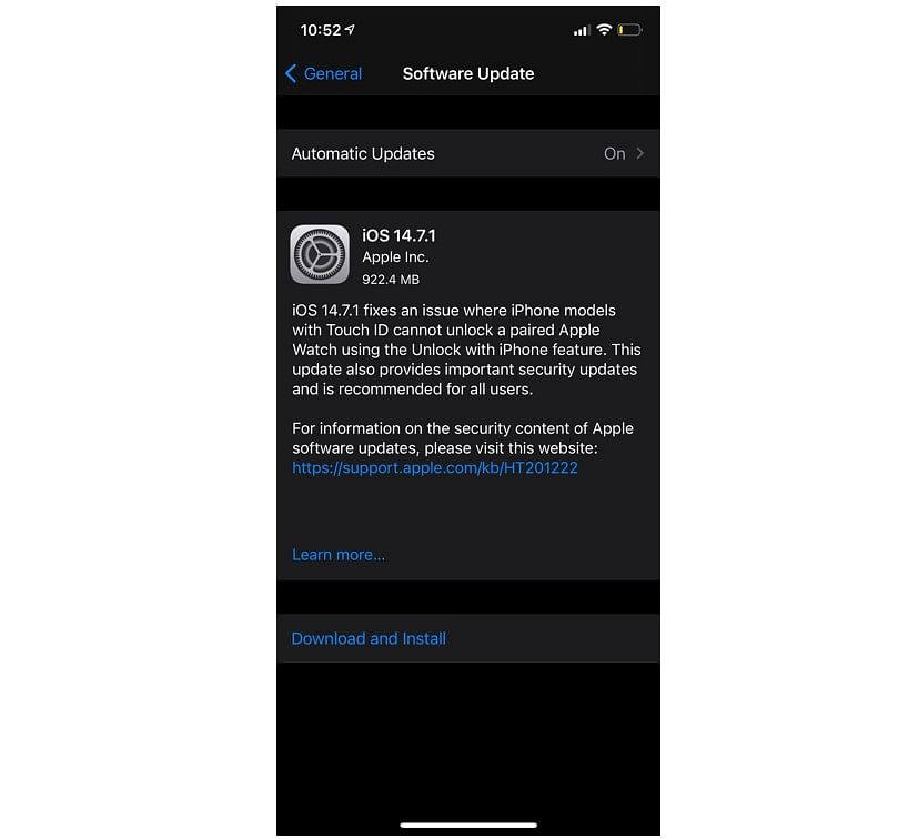 Apple iOS 14.7.1 released to iPhone (screen-grab)