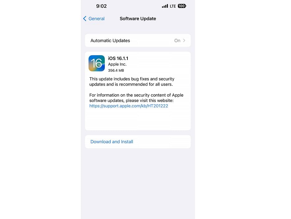 Apple iOS 16.1.1 update (screengrab)