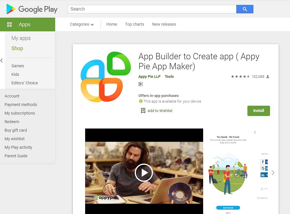 App Builder to Create App on Google Play Store (screen-grab)