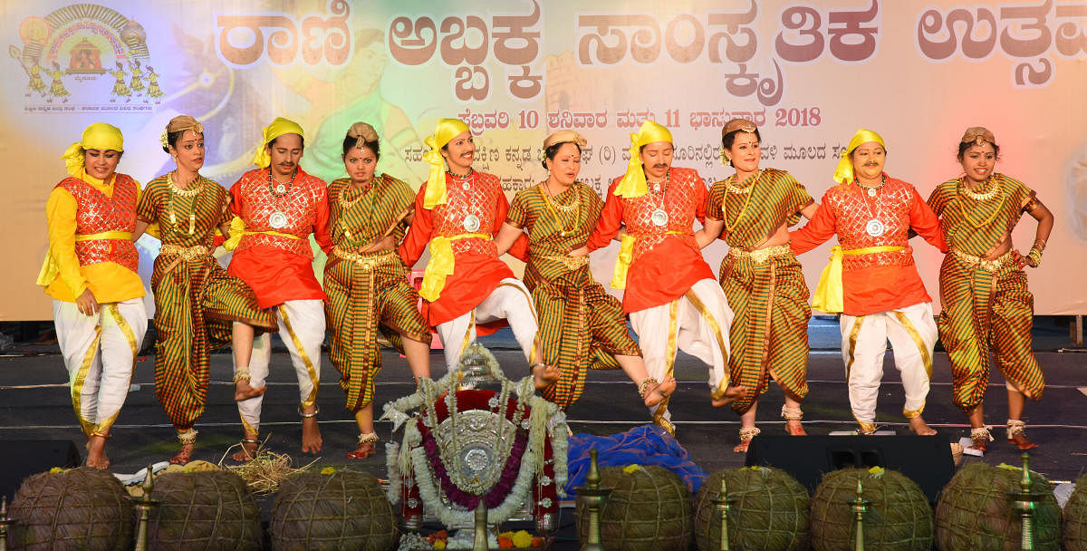 Artists performing during Rani Abbakka Uthsava, at Maharaja Grounds in Mysuru. Credit: DH file photo