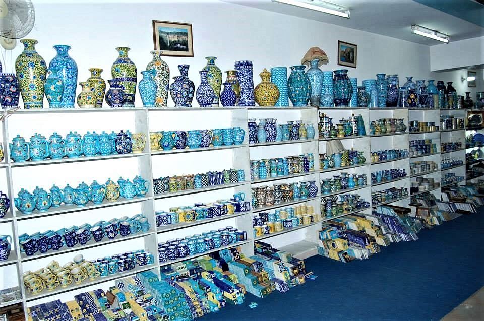 Blue pottery on sale.