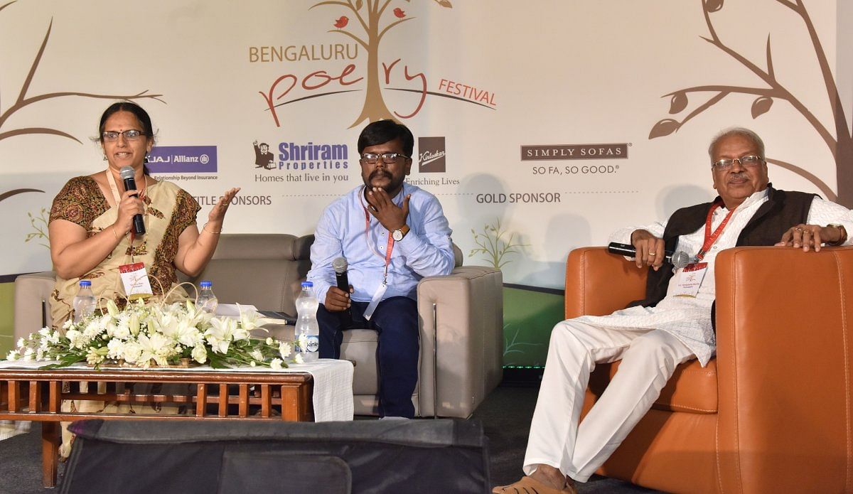 (From left) Sindhu Rao, Veeranna Madiwalar and H S VenkateshaMurthy at the session. DH PHOTOS BY B K JANARDHAN