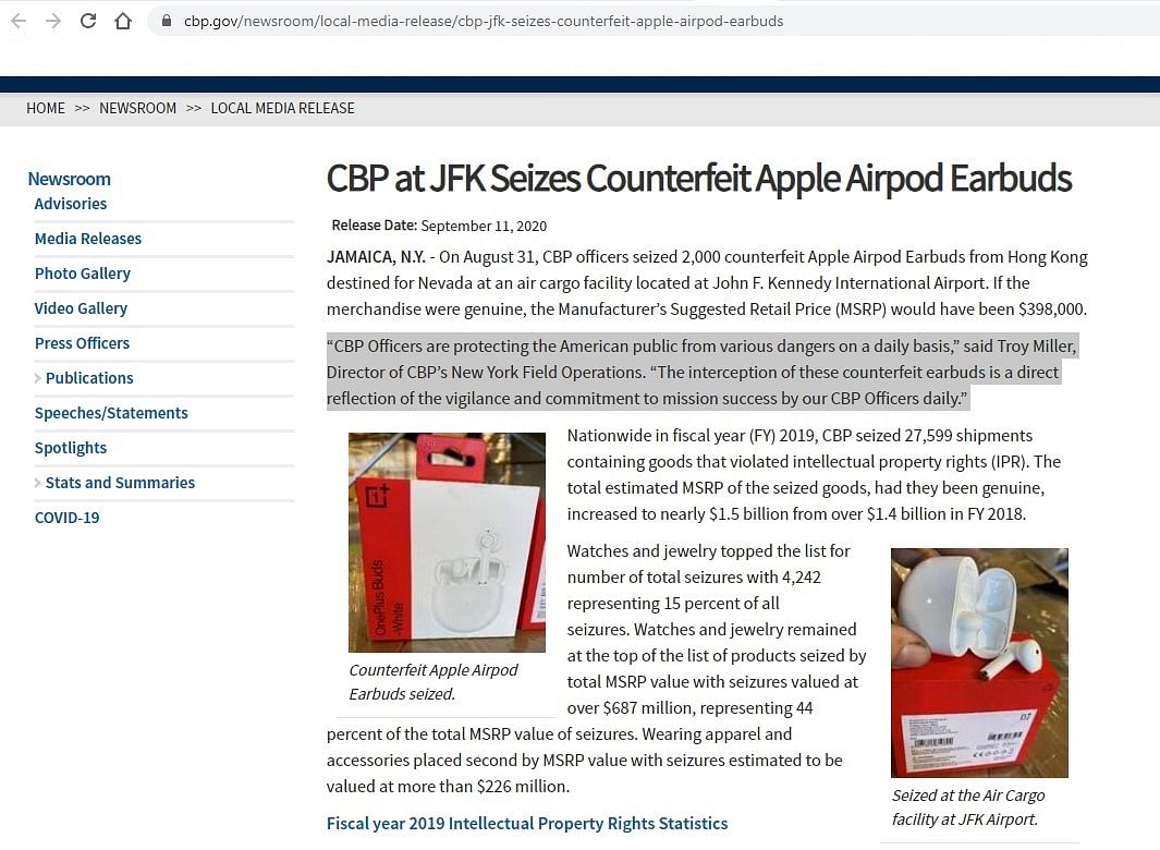 US Customs and Border Protection (CBP) department seized original OnePlus Buds as fake Apple AirPods. Credit: CBP website (screen-shot)