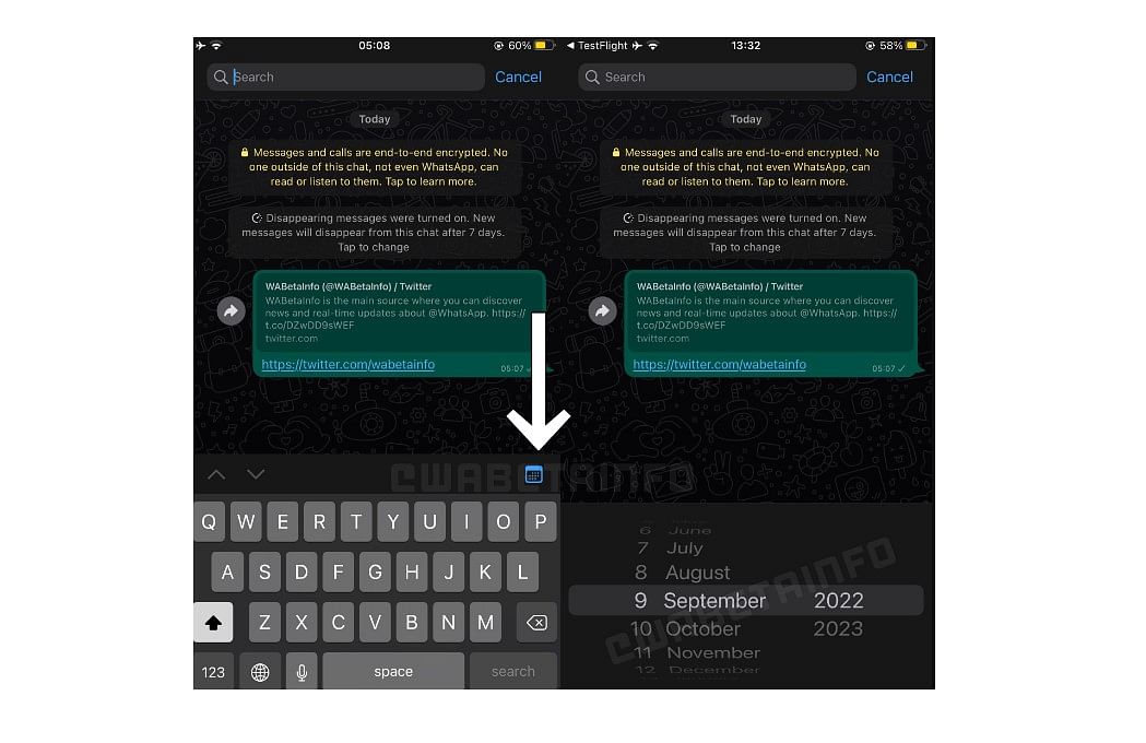 WhatsApp testing date option to search old chats. Credit: WABetaInfo