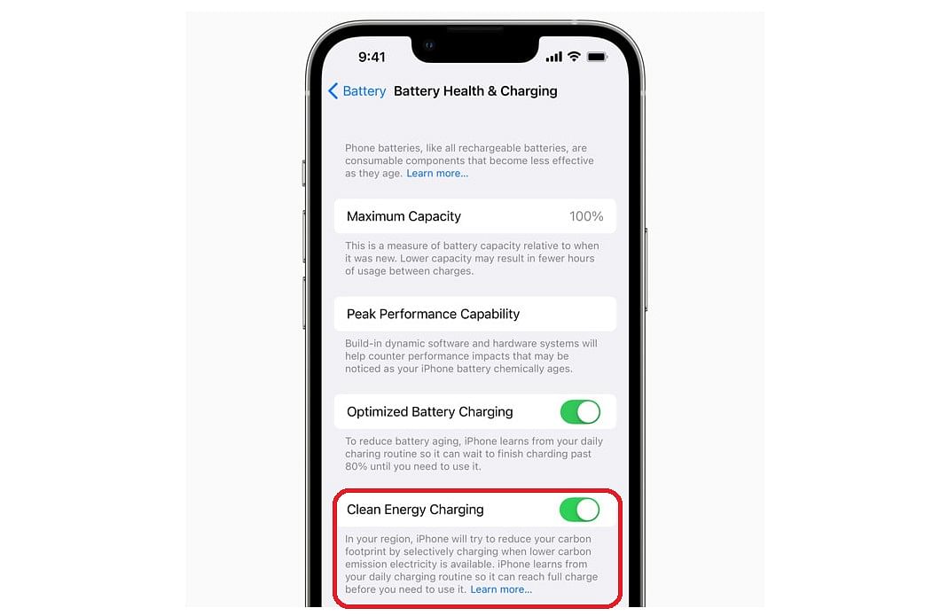 Clean energy charging feature for iPhones in the US. Credit: Apple