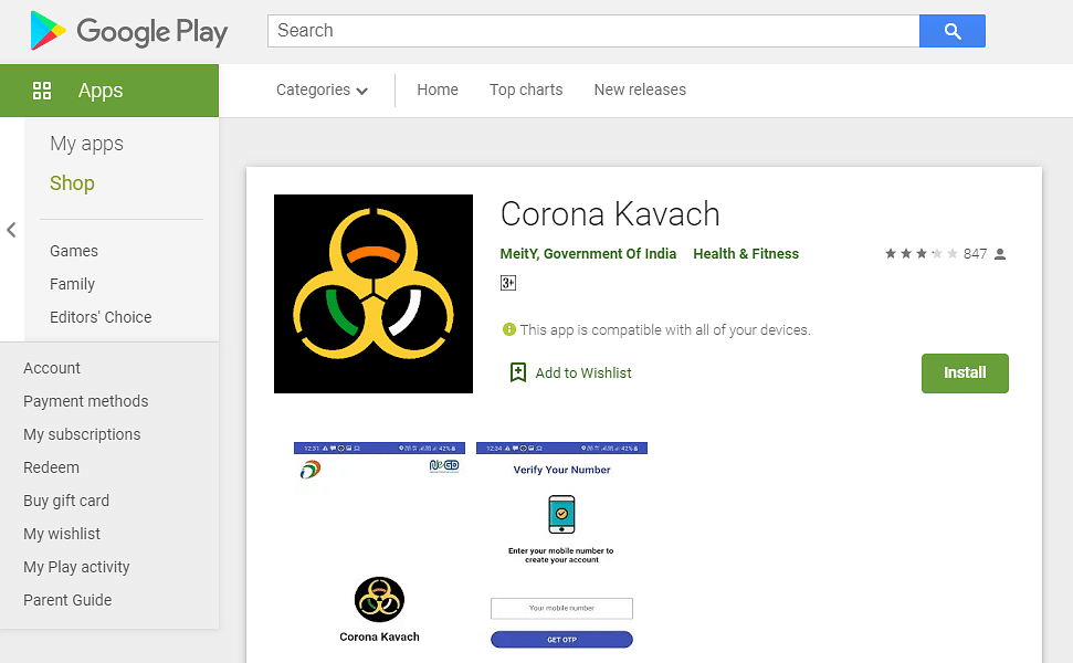 Corona Kavach app developed of MeitY (Government of India) on Google Play Store (screen-shot)