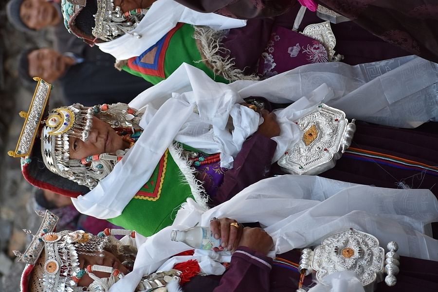 Women dressed in traditional Kinnauri costume.