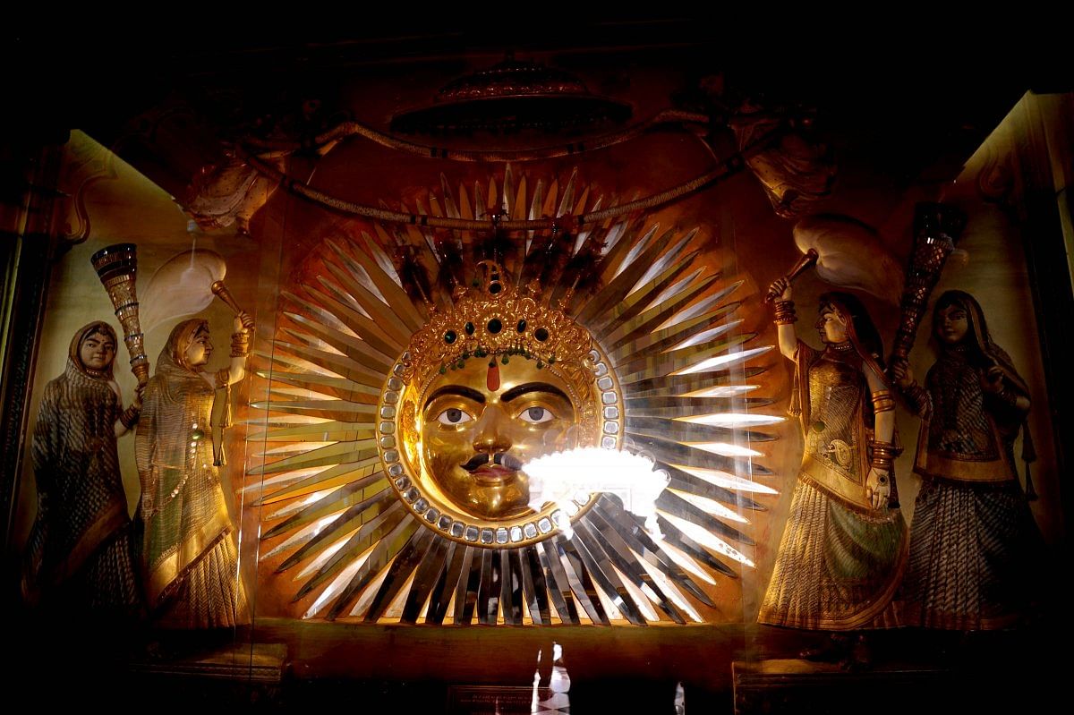 The gold plated sun motif in the Surya Chopad chamber, Udaipur.
