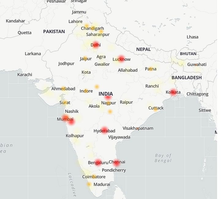 WhatsApp service is down in major cities across India (Credit: DownDetector)