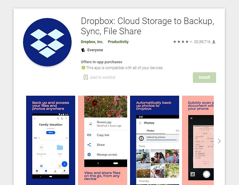 Dropbox app on Google Play store