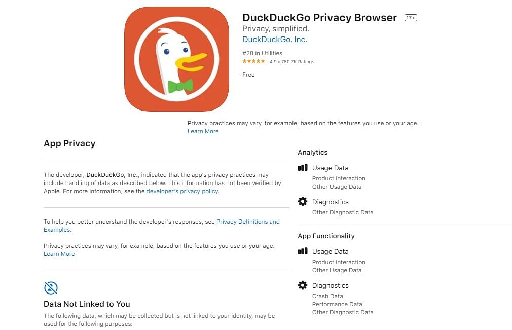 DuckDuckGo app privacy label on Apple App Store