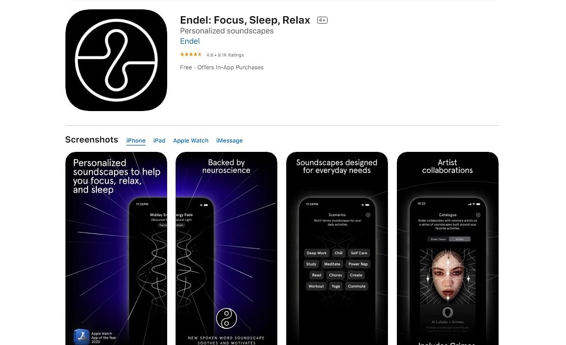 Endel: Focus, Sleep, Relax on Apple App Store (screen-grab)