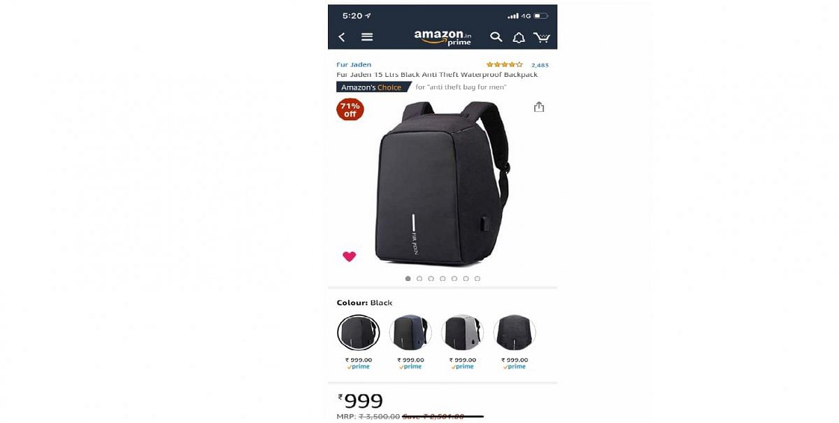 Fur Jaden backpack on Amazon India (mobile app) screen-shot