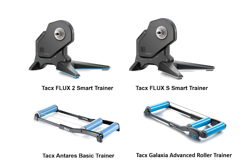 Tacx Flux 2 Smart, Flux S Smart, Antares and Galaxia roller trainers. Credit: Garmin India