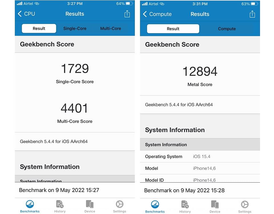 Apple iPhone SE (3rd Gen)'s CPU performance score on single-core and multi-core tests (left) and GPU performance score (right) on the Geekbench app. Credit: DH Photo/KVN Rohit