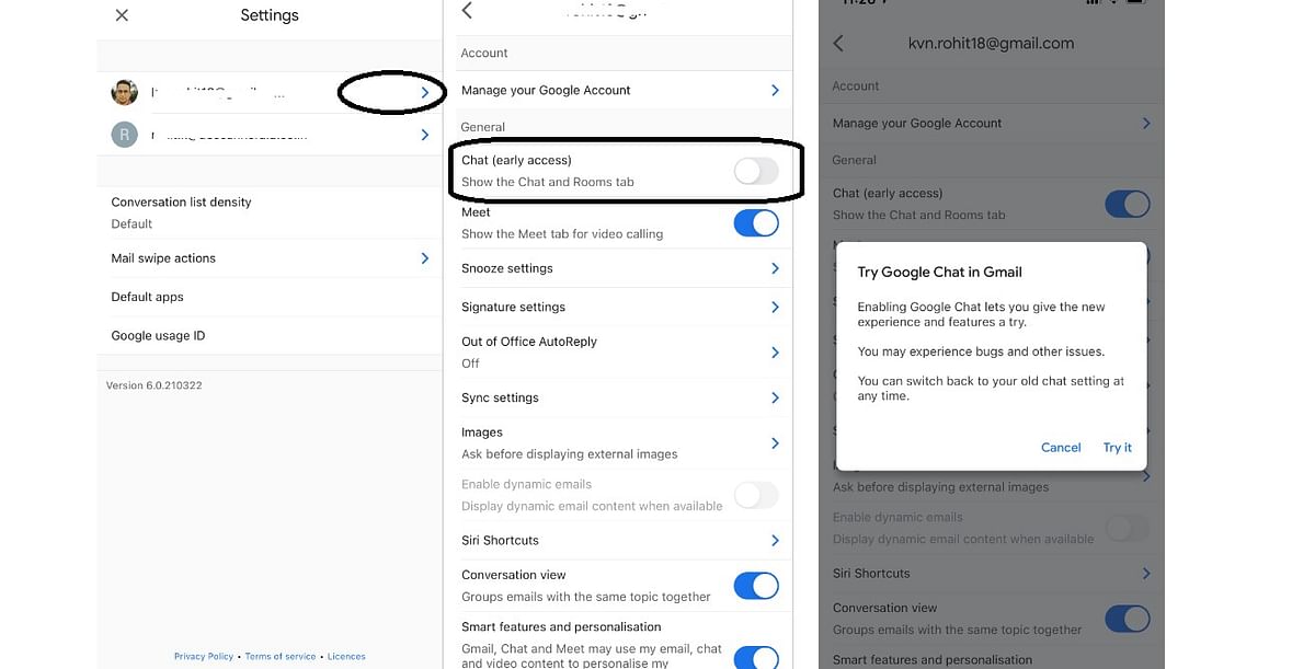 Steps to enable Google Chat on Gmail for iOS. Credit: DH Photo/KVN Rohit