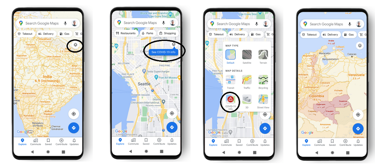 Google Maps will soon offer the Covid-19 info layer. Credit: Google