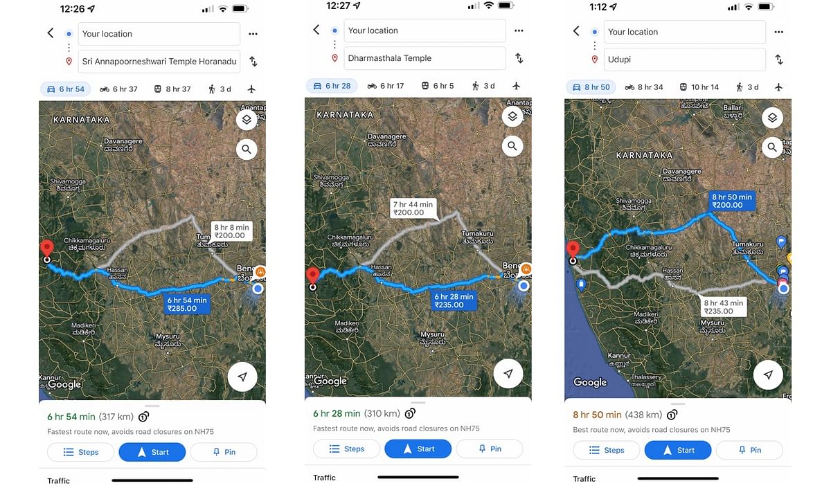 Google Maps toll pass prices feature. Credit: DH Photo/KVN Rohit