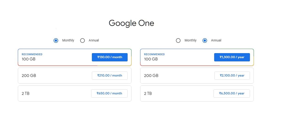 Google One plans. Credit: Google