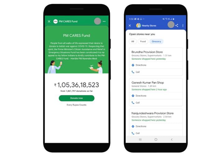 Live donations counter for PM-CARES (Left) and Nearby Spot (Right) on Google Pay (Picture credit: Google)