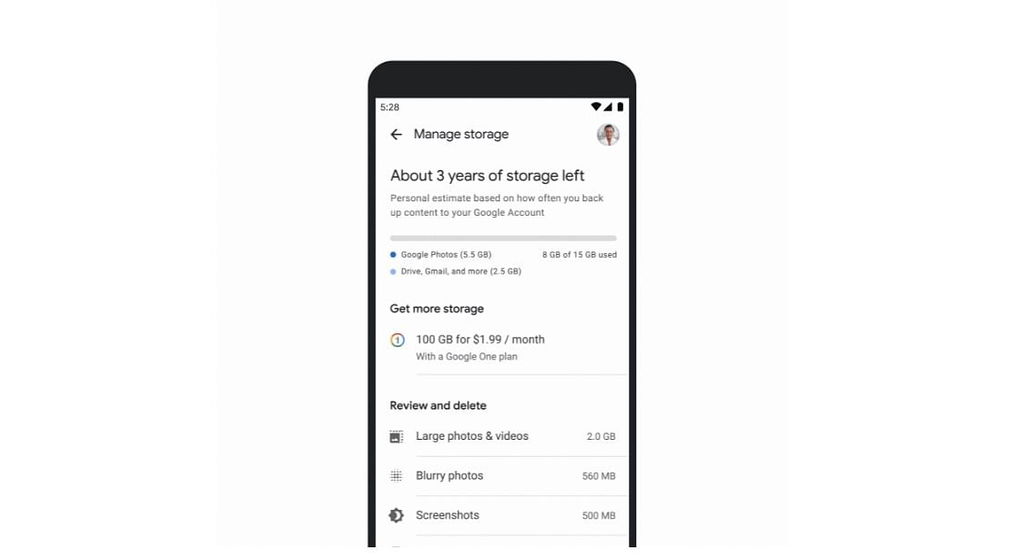 Google Photos app can estimate how long the 15GB cloud storage may last. Credit: Google