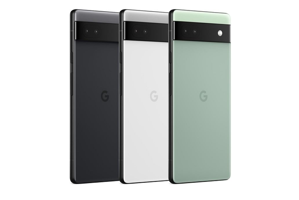 Google Pixel 6a series phone colours (L-R)--charcoal, chalk, and sage. Credit: Google