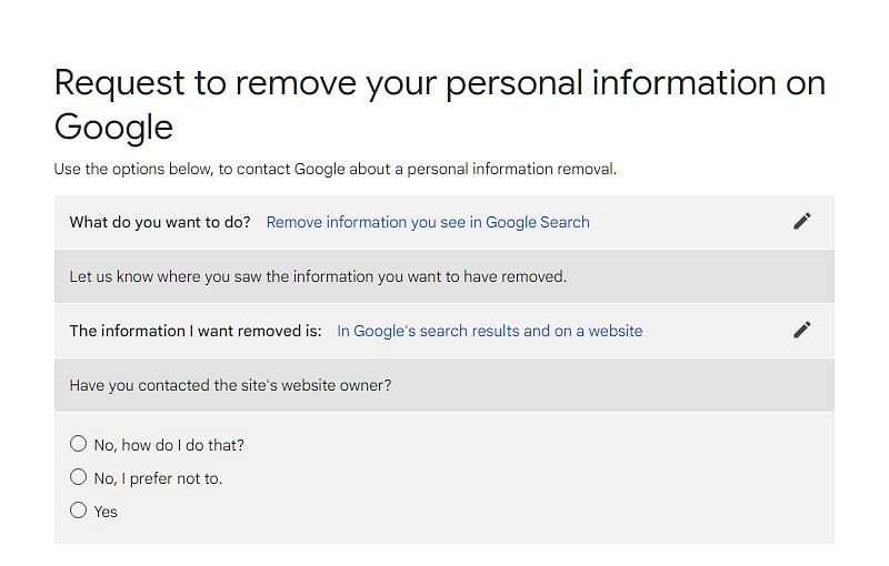 Google's application form for users' requests for the removal of personal details (screen-shot)