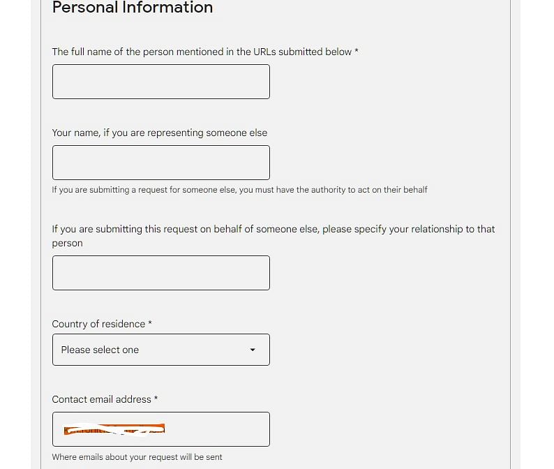 Google's application form for users' requests for the removal of personal details (screen-shot)