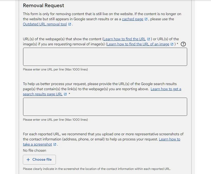 Google's application form for users' requests to the removal of personal details (screen-shot)
