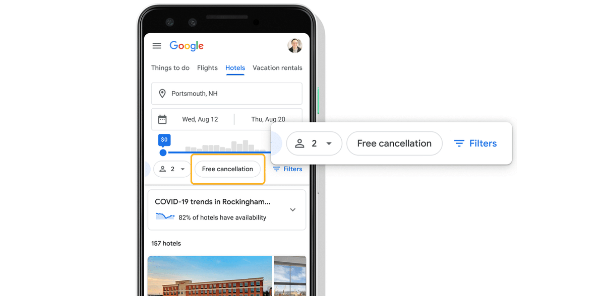 Google search offers a new filter on Hotel selection with the free cancellation policy. Credit: Google