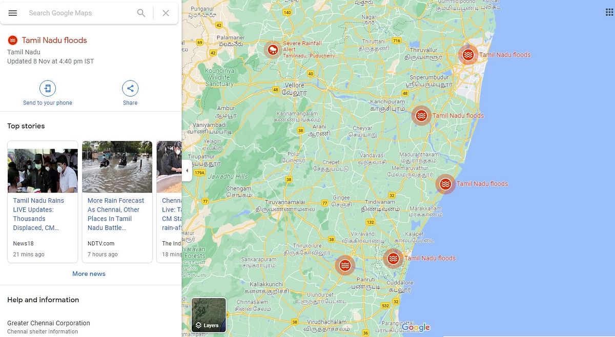 Google Maps showing alerts related to heavy rains and floods. Credit: Google India