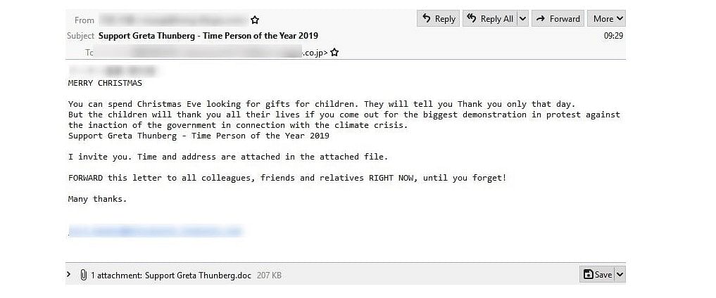 A malicious email with Greta Thunberg subject line (Picture credit: Proofpoint)