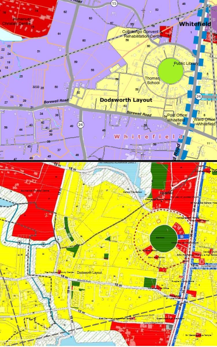 Comparison of RMP 2015 and RMP 2031. Yellow colour stands for residential and pale violet colour stands for industrial areas.