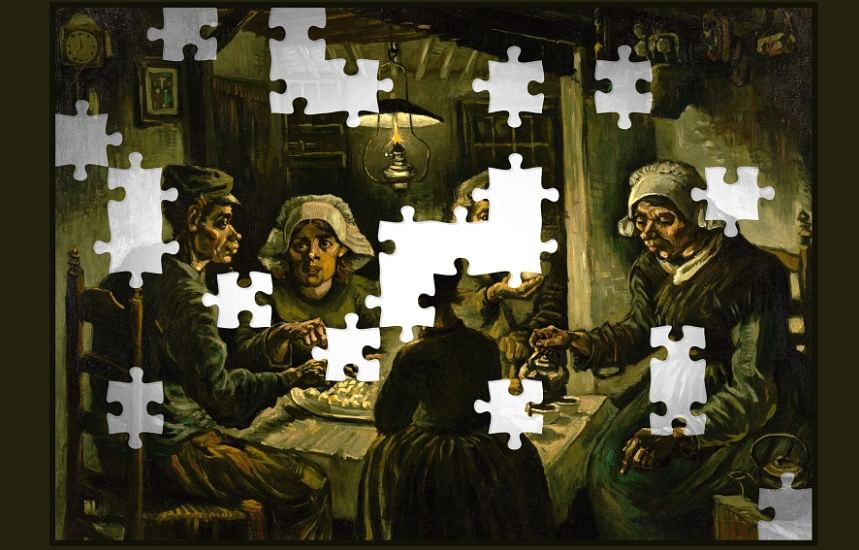 Illustrated game showing Van Gogh's The Potato Eaters puzzle. Credit: Special Arrangement