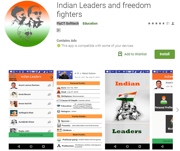 Indian Leaders and freedom fighters​ on the Google Play store (screen-grab)