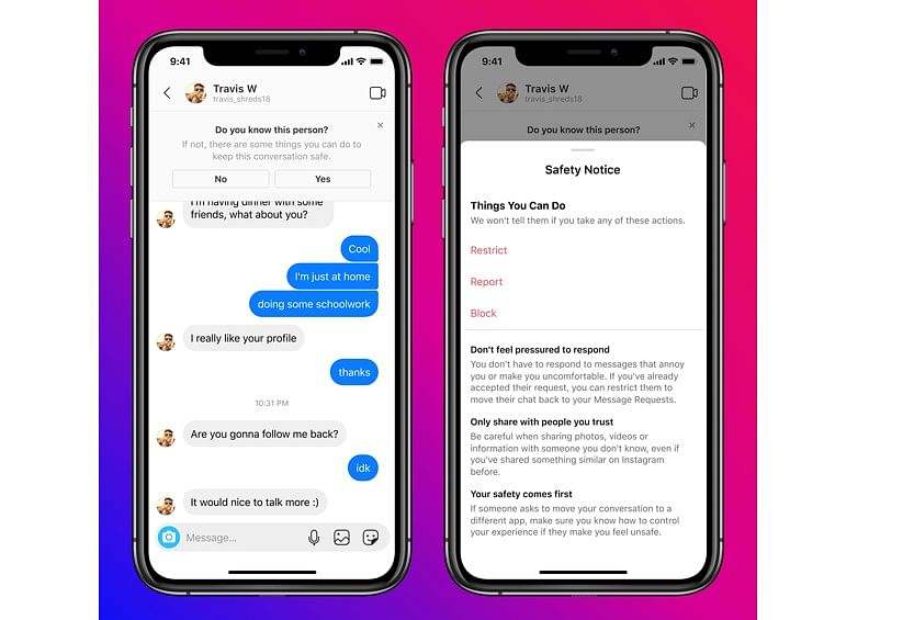 Instagram will send safety notice teenagers to restrict or end conversations with unknown adults. Credit: Instagram