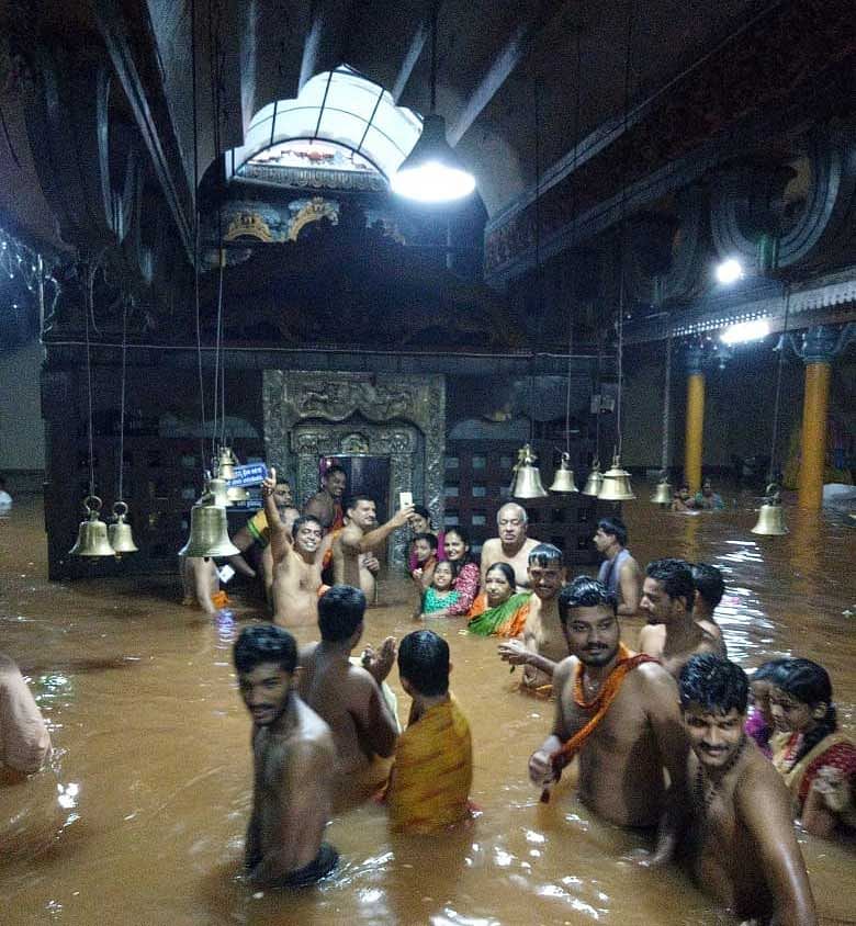 Water from Kubjaa stream entered the sanctum sanctorum ofthe Sri Brahmi Durgaparameshwari Templeat Kamalashile in Udupi District.